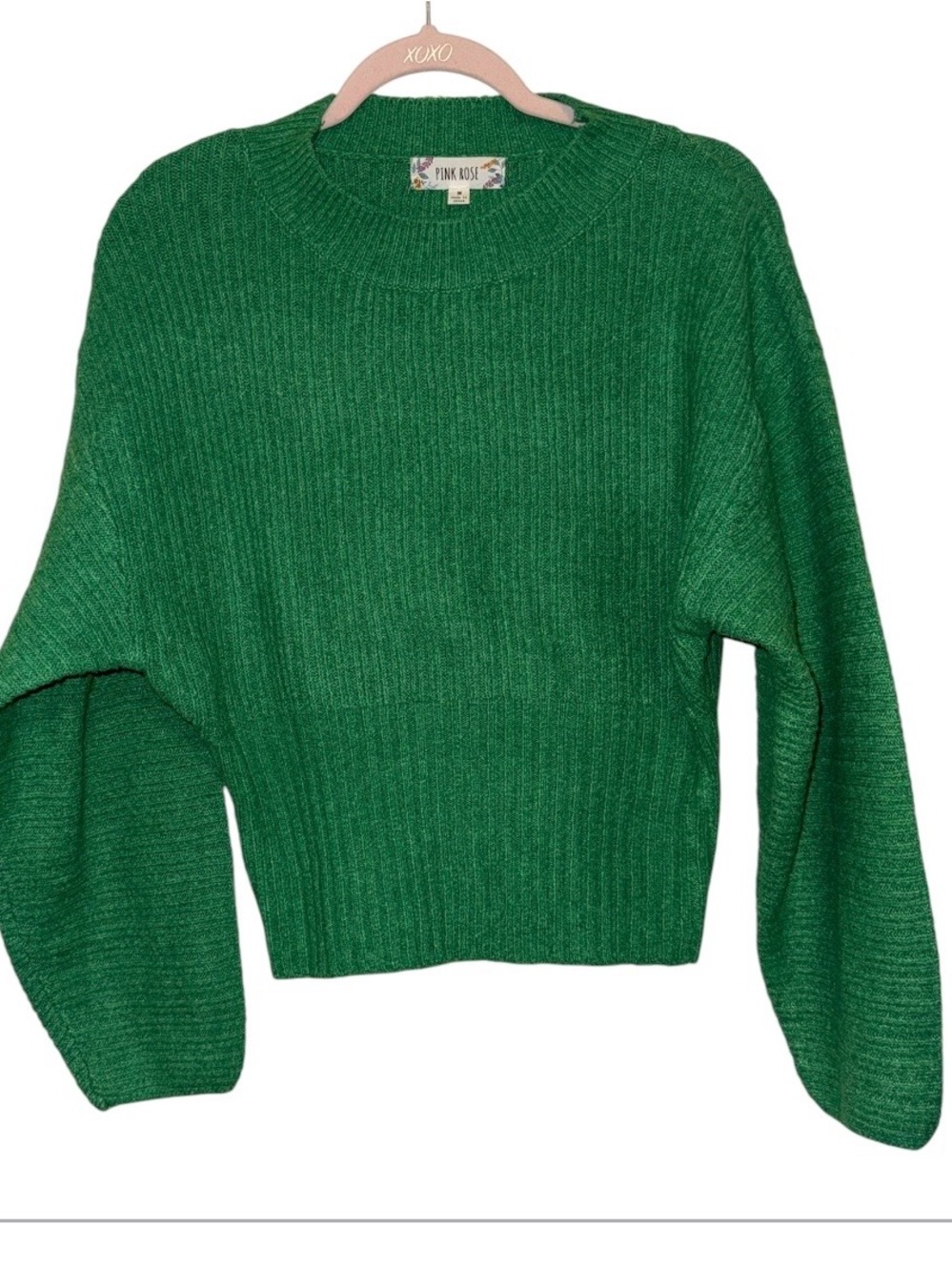 Pink Rose Green Rib Knit Cropped Sweater Balloon Sleeve Size M